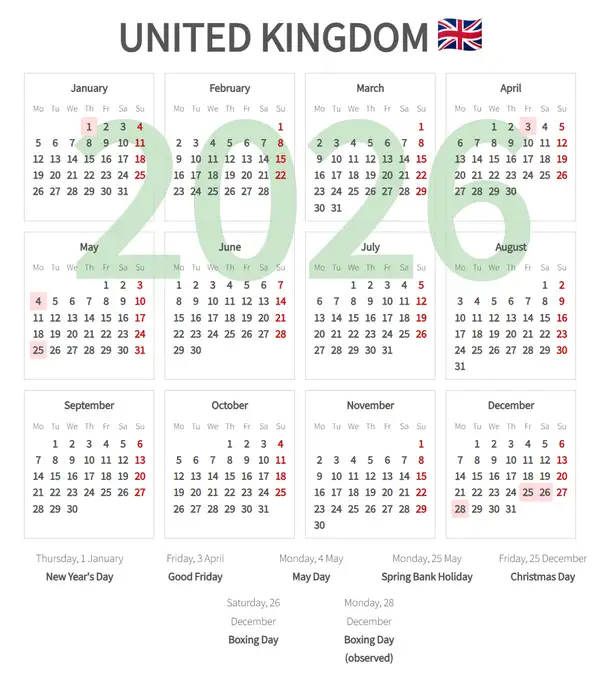 Work Calendar 2026, United kingdom - Public Holidays