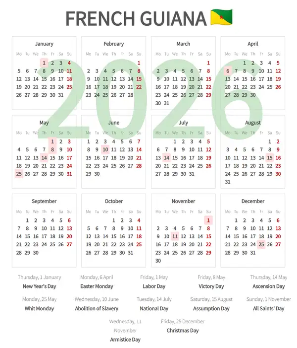 Work Calendar 2026, French guiana - Public Holidays