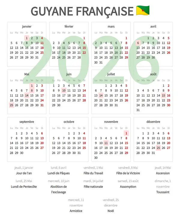 Calendrier de Travail 2026 de Guyane française