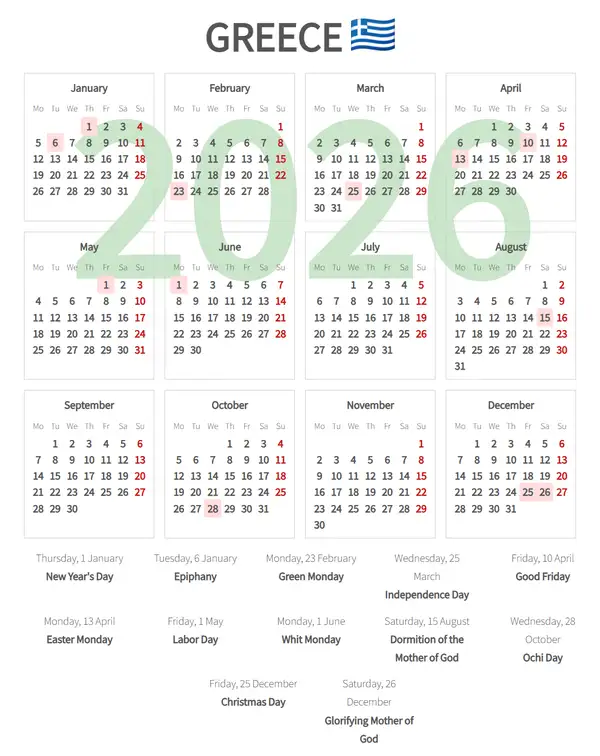 Work Calendar 2026, Greece - Public Holidays
