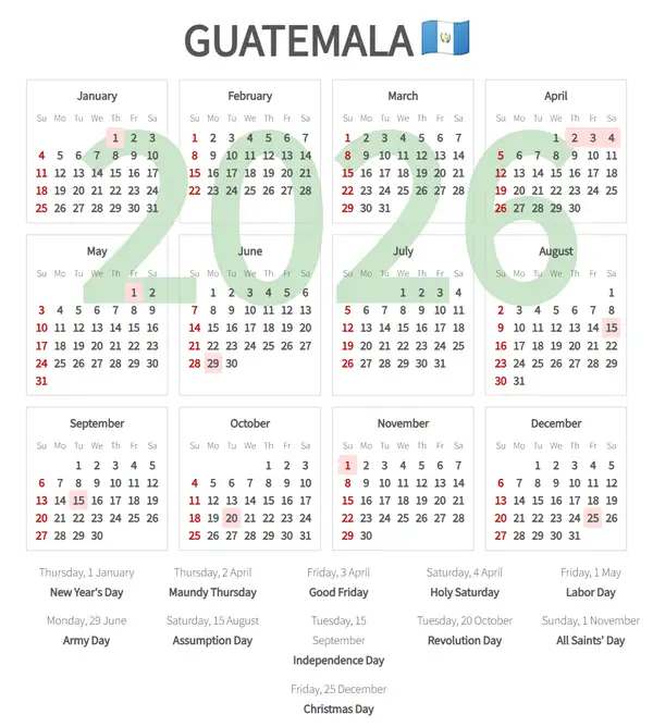 Work Calendar 2026, Guatemala - Public Holidays