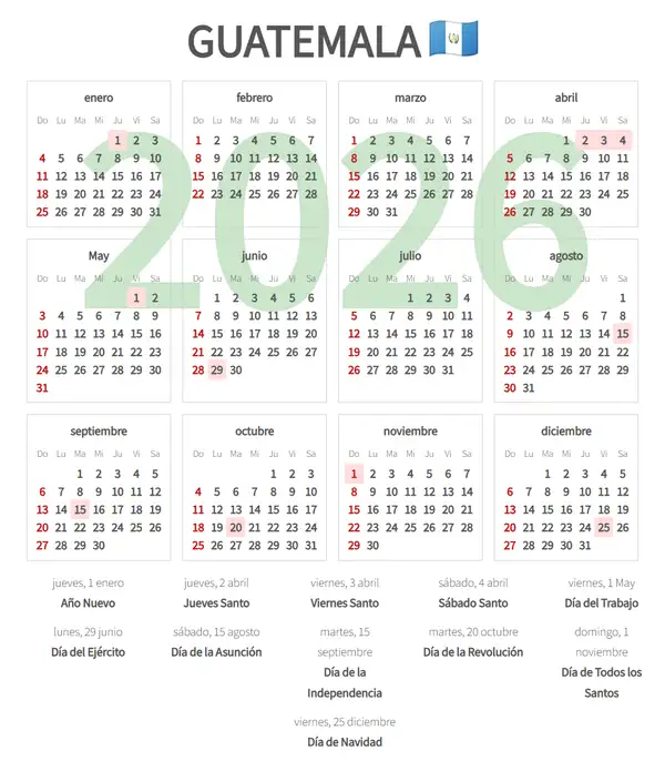 Calendario Laboral 2026 de Guatemala