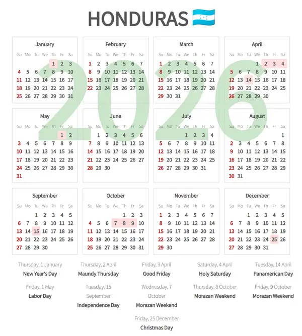 Work Calendar 2026, Honduras - Public Holidays