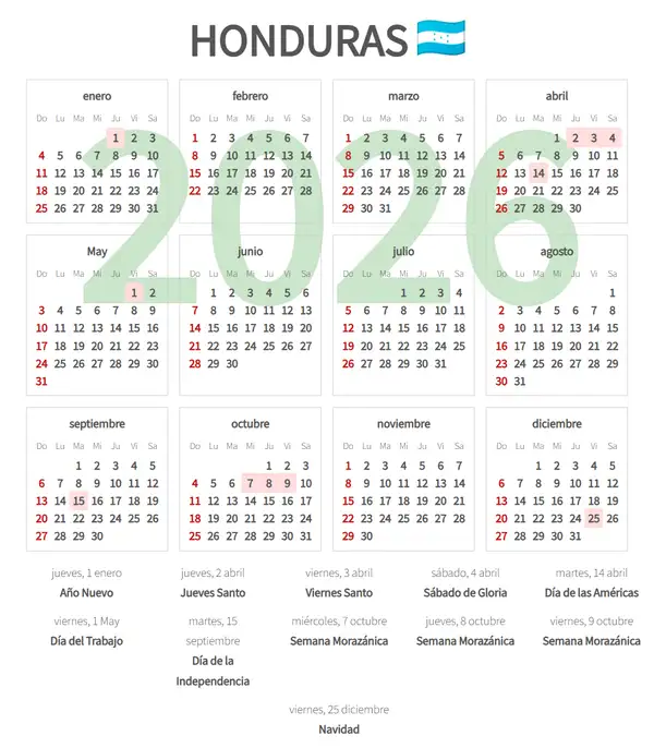Calendario Laboral 2026 de Honduras