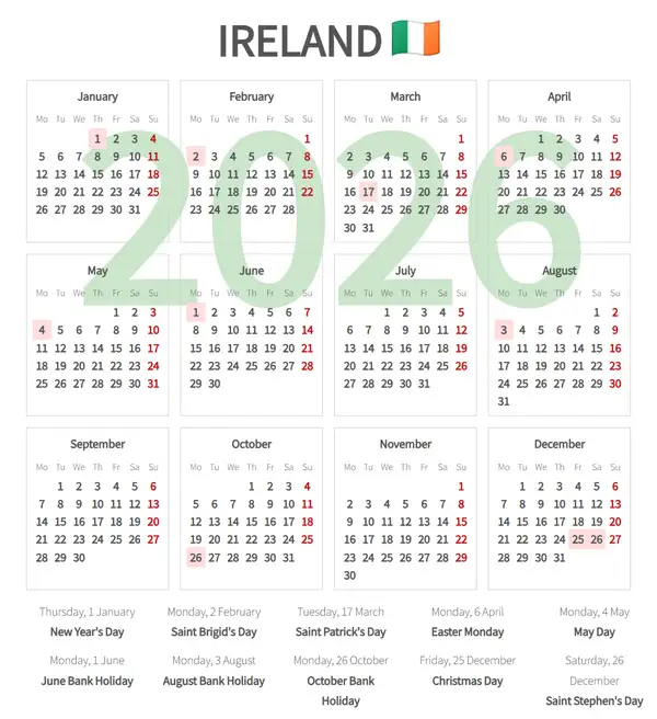 Work Calendar 2026, Ireland - Public Holidays