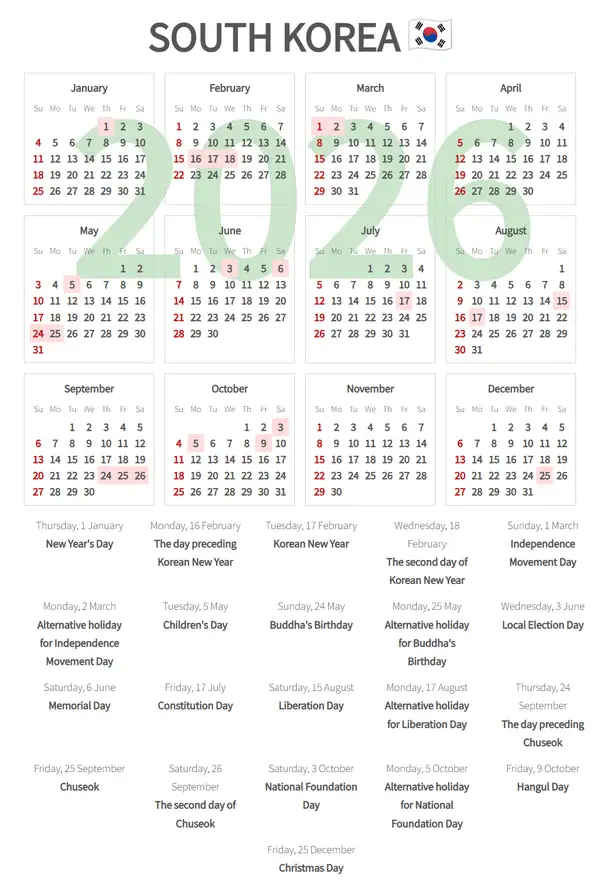 Work Calendar 2026, South korea - Public Holidays