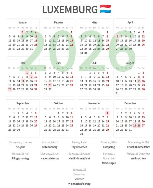 Arbeitskalender 2026 für Luxemburg - Feiertage
