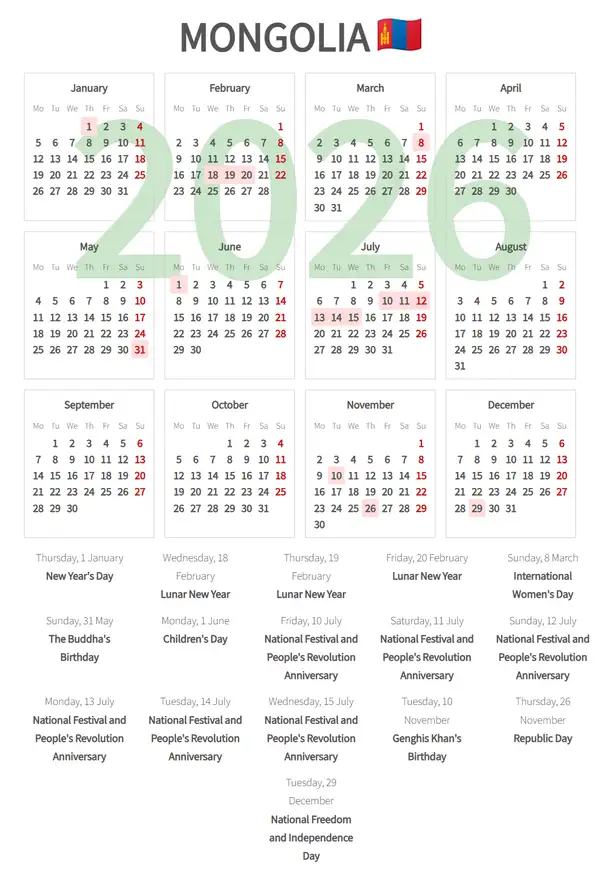Work Calendar 2026, Mongolia - Public Holidays