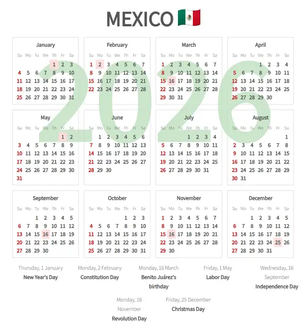 Work Calendar 2026, Mexico - Public Holidays