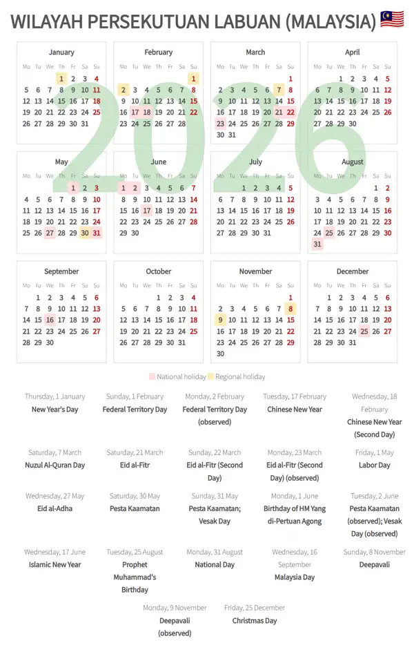 Work Calendar 2026, Wilayah persekutuan labuan (Malaysia)