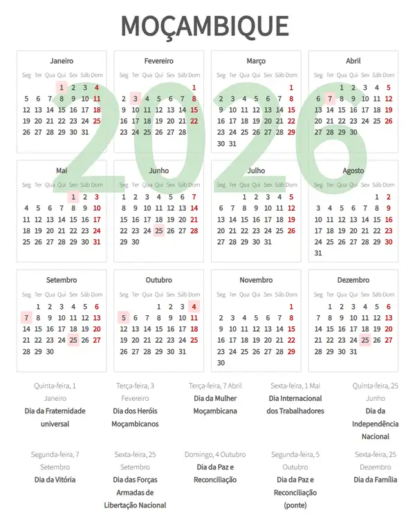 Calendário Laboral 2026 de Moçambique