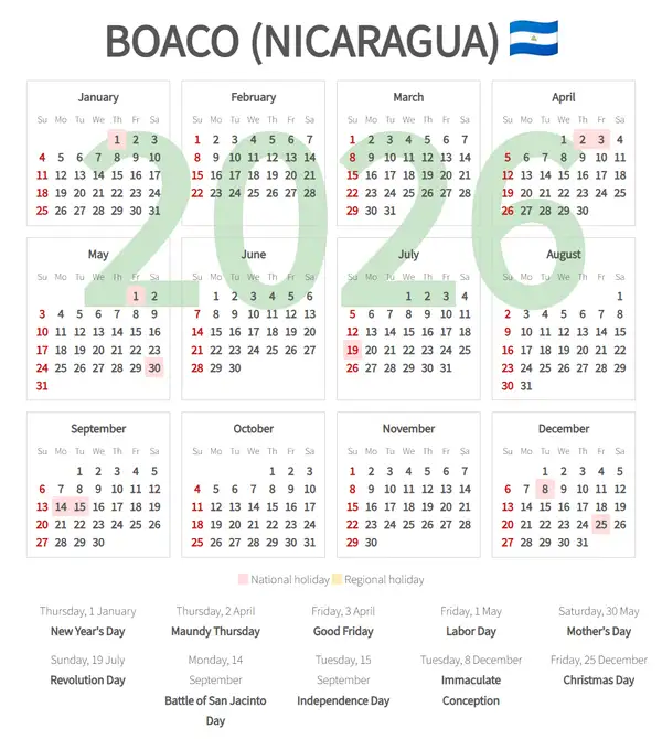 Work Calendar 2026, Boaco (Nicaragua)