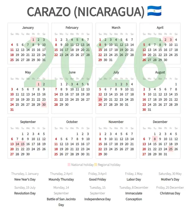 Work Calendar 2026, Carazo (Nicaragua)
