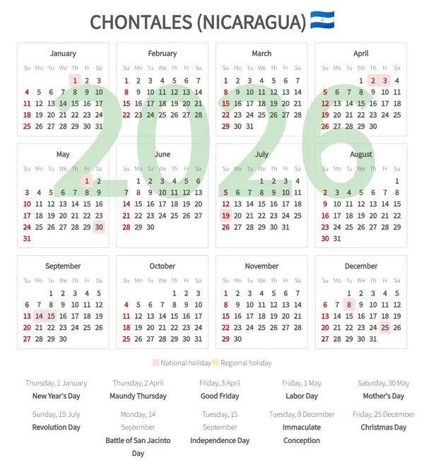 Work Calendar 2026, Chontales (Nicaragua)