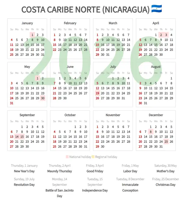 Work Calendar 2026, Costa caribe norte (Nicaragua)