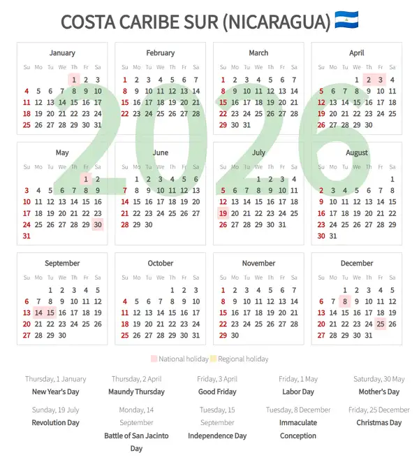 Work Calendar 2026, Costa caribe sur (Nicaragua)