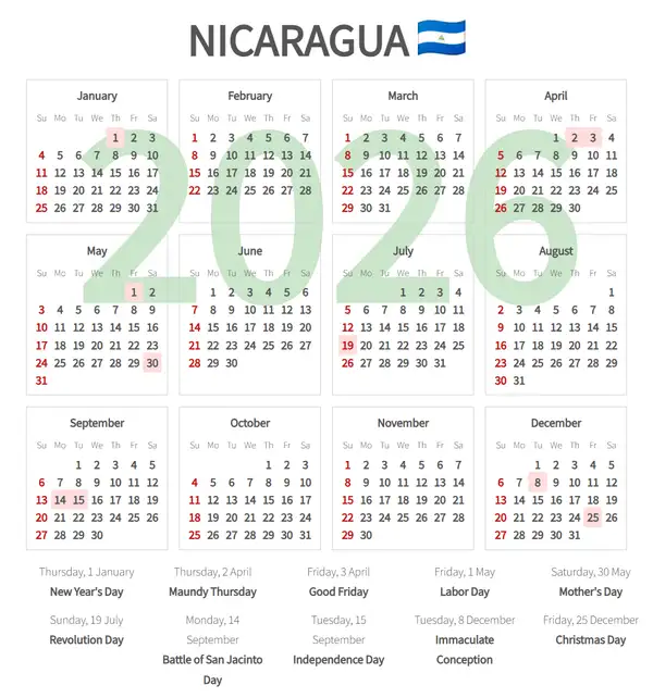 Work Calendar 2026, Nicaragua - Public Holidays