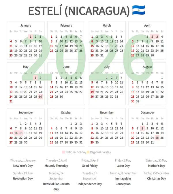 Work Calendar 2026, Estelí (Nicaragua)