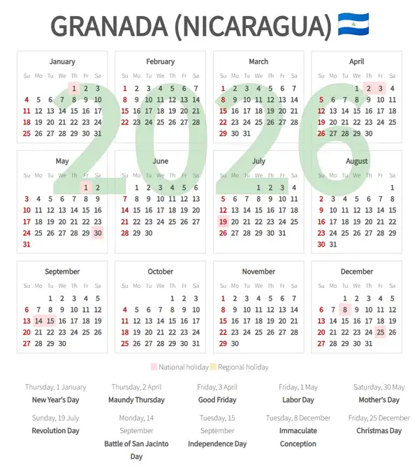 Work Calendar 2026, Granada (Nicaragua)