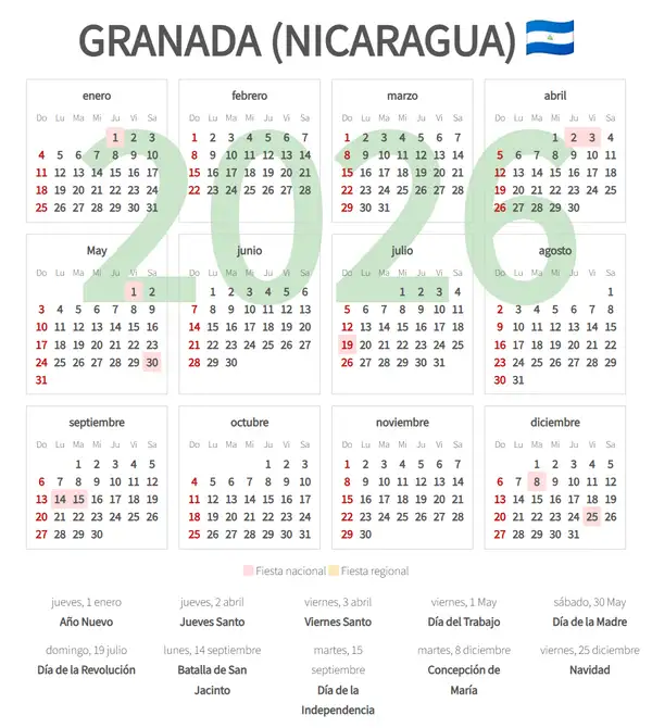 Calendario Laboral 2026, Granada (Nicaragua)