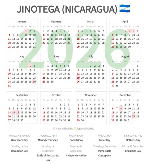Work Calendar 2026, Jinotega (Nicaragua)