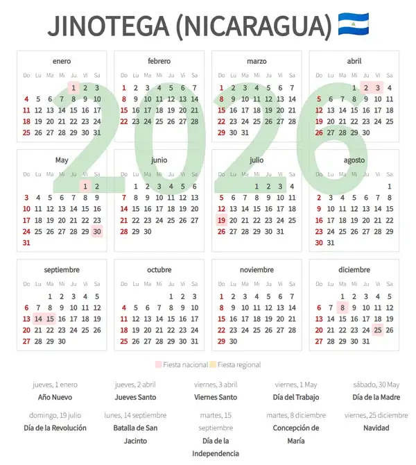 Calendario Laboral 2026, Jinotega (Nicaragua)
