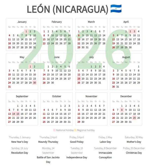Work Calendar 2026, León (Nicaragua)
