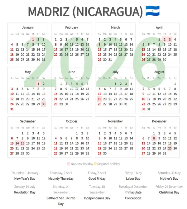Work Calendar 2026, Madriz (Nicaragua)