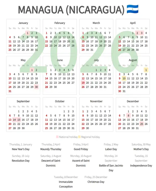 Work Calendar 2026, Managua (Nicaragua)
