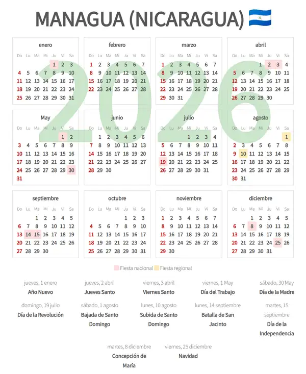 Calendario Laboral 2026, Managua (Nicaragua)