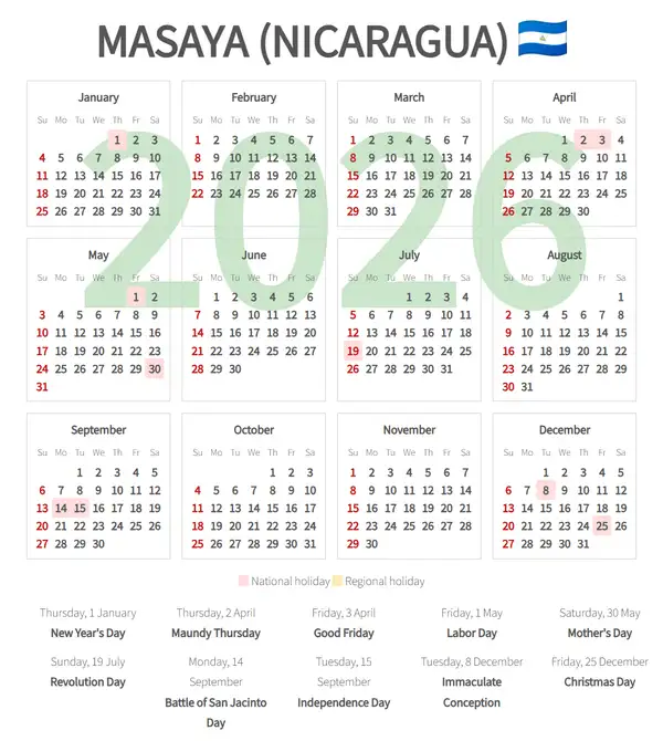 Work Calendar 2026, Masaya (Nicaragua)