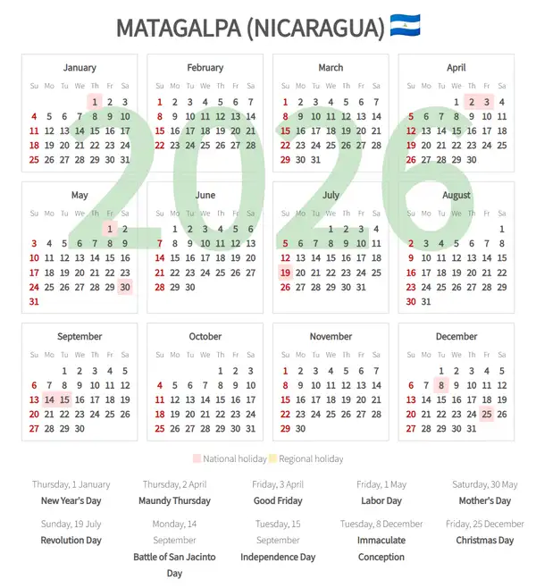 Work Calendar 2026, Matagalpa (Nicaragua)