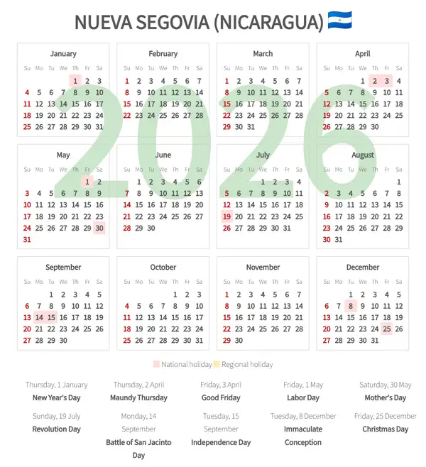 Work Calendar 2026, Nueva segovia (Nicaragua)