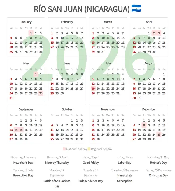 Work Calendar 2026, Río san juan (Nicaragua)