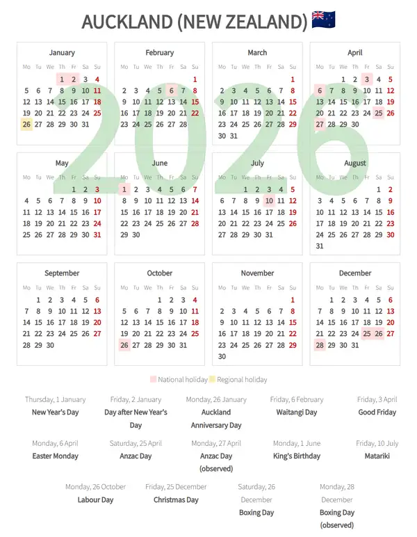 Work Calendar 2026, Auckland (New zealand)