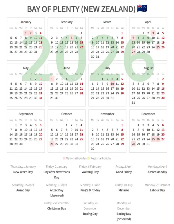 Work Calendar 2026, Bay of plenty (New zealand)