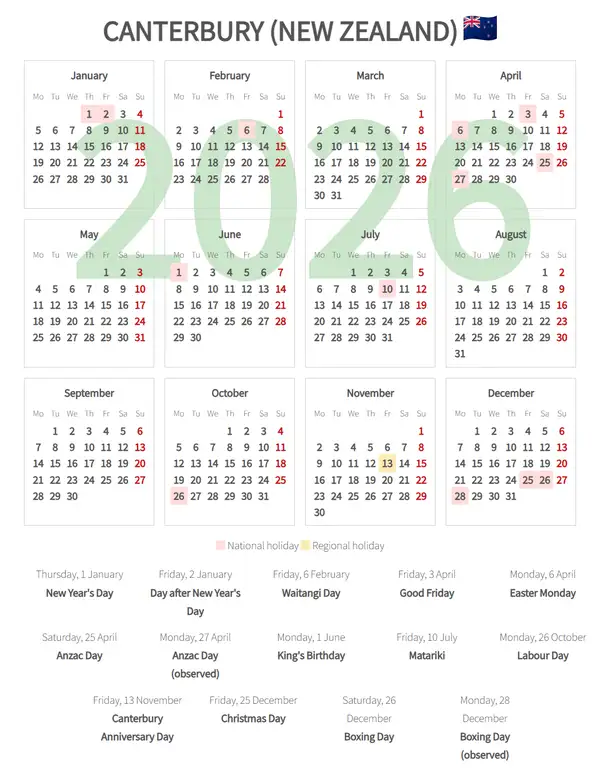 Work Calendar 2026, Canterbury (New zealand)