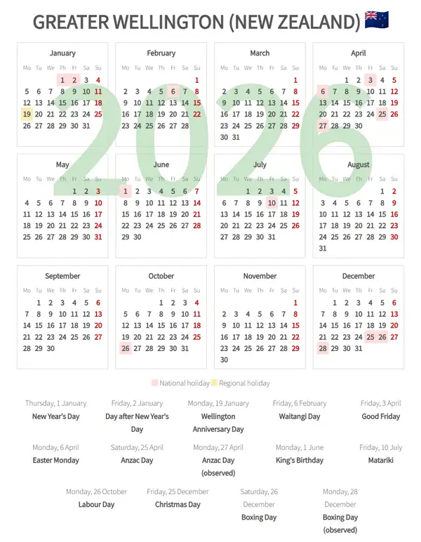 Work Calendar 2026, Greater wellington (New zealand)