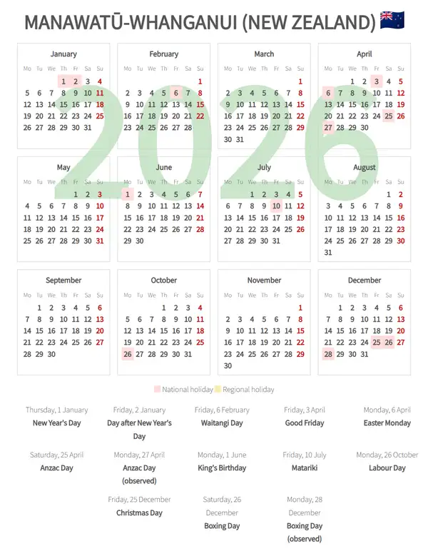 Work Calendar 2026, Manawatū-whanganui (New zealand)
