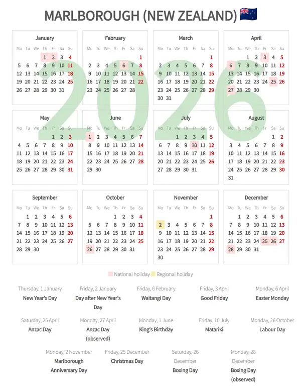 Work Calendar 2026, Marlborough (New zealand)