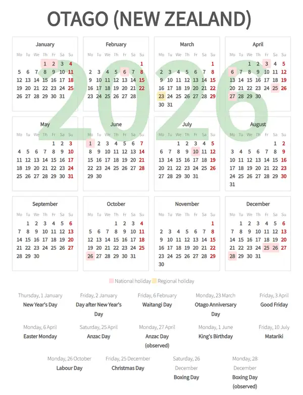 Work Calendar 2026, Otago (New zealand)