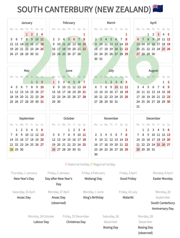 Work Calendar 2026, South canterbury (New zealand)