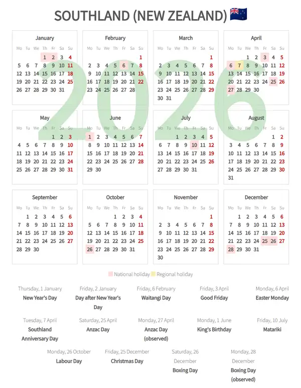 Work Calendar 2026, Southland (New zealand)