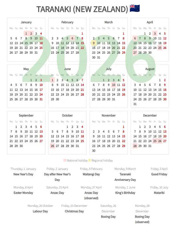 Work Calendar 2026, Taranaki (New zealand)