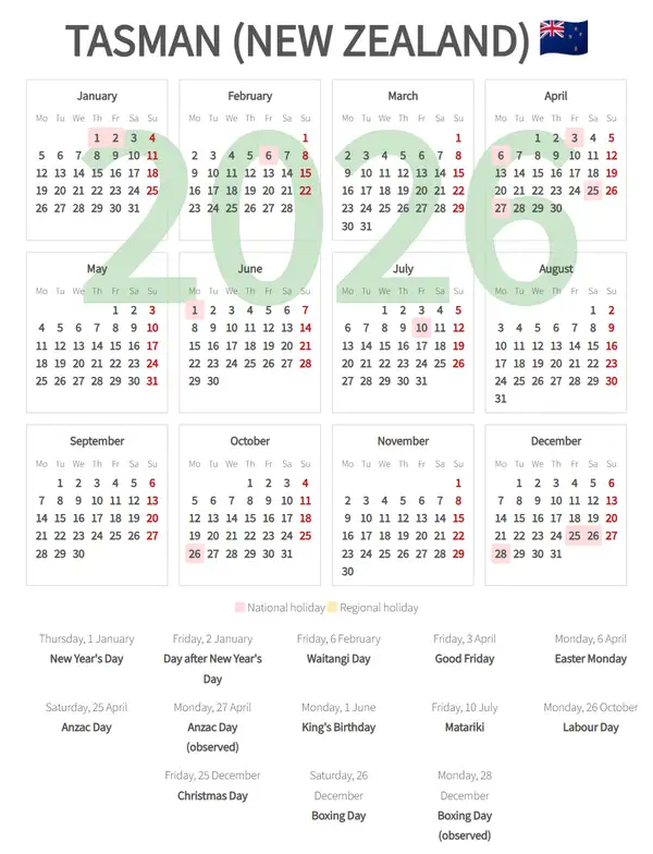 Work Calendar 2026, Tasman (New zealand)