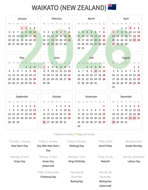 Work Calendar 2026, Waikato (New zealand)