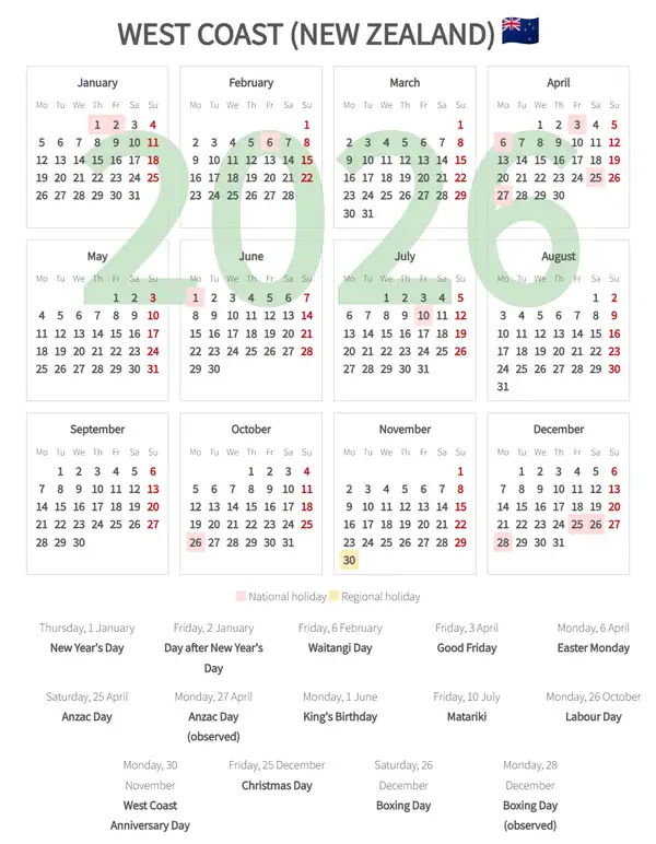 Work Calendar 2026, West coast (New zealand)