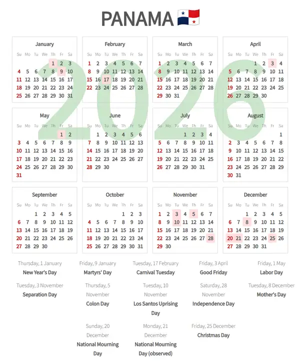 Work Calendar 2026, Panama - Public Holidays