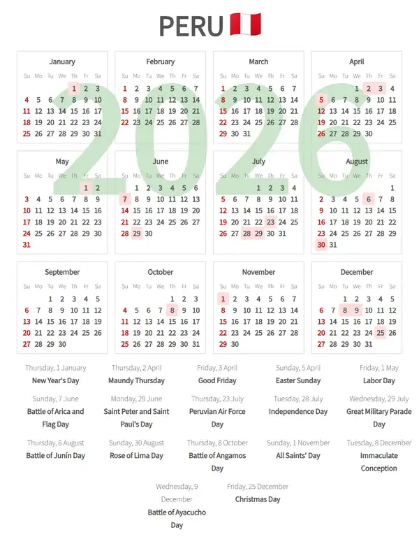 Work Calendar 2026, Peru - Public Holidays