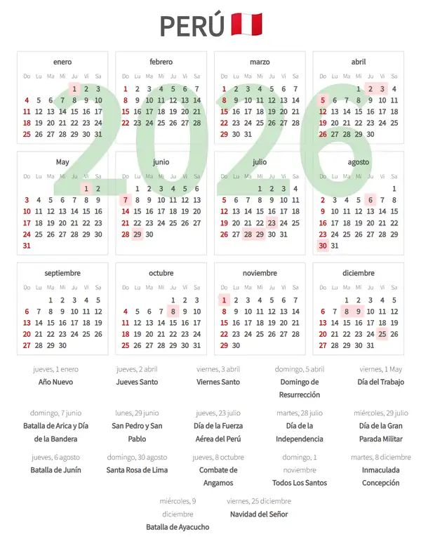 Calendario Laboral 2026 de Perú